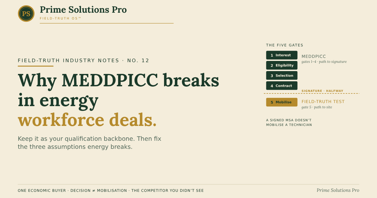 Field-Truth Industry Notes No. 12: Why MEDDPICC breaks in energy workforce deals. MEDDPICC qualifies gates 1 to 4, the path to signature. The signature is the halfway point; gate 5 is workforce mobilisation.
