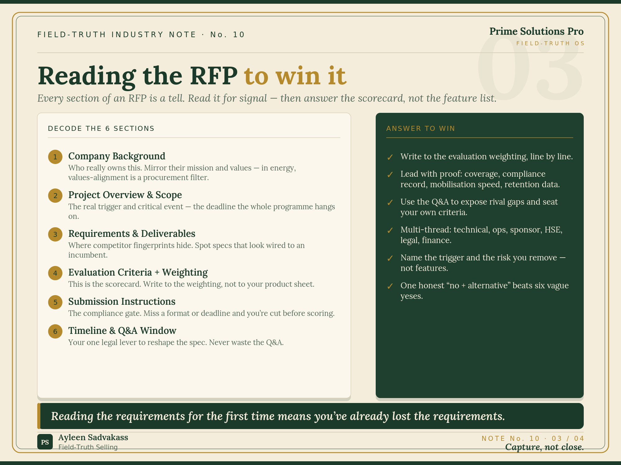 Reading the RFP to win it — the six sections of a tender document decoded, and what to answer to win.